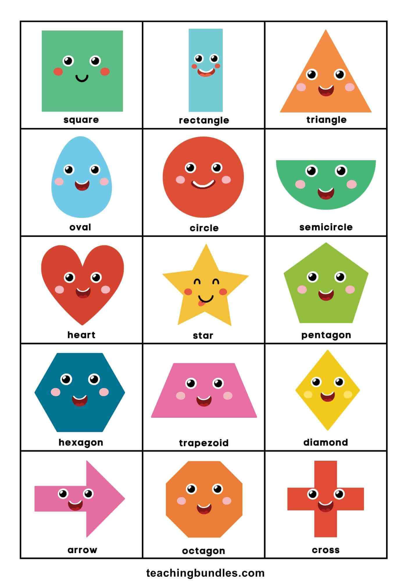 Preschool chart introducing 15 basic geometric shapes with names.