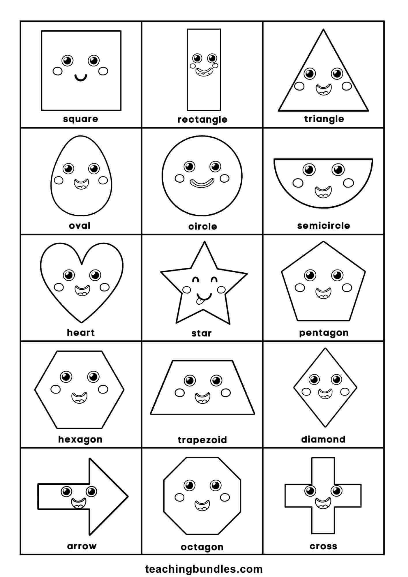 Black and white preschool chart showing 15 geometric shapes.