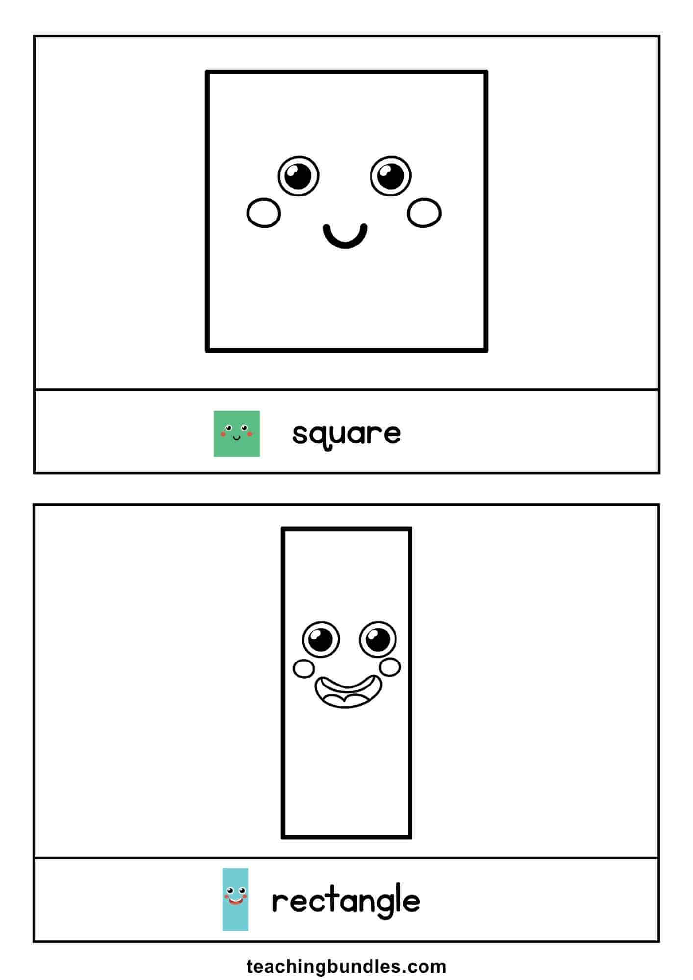 Square and rectangle flashcards that teach shape recognition and vocabulary.