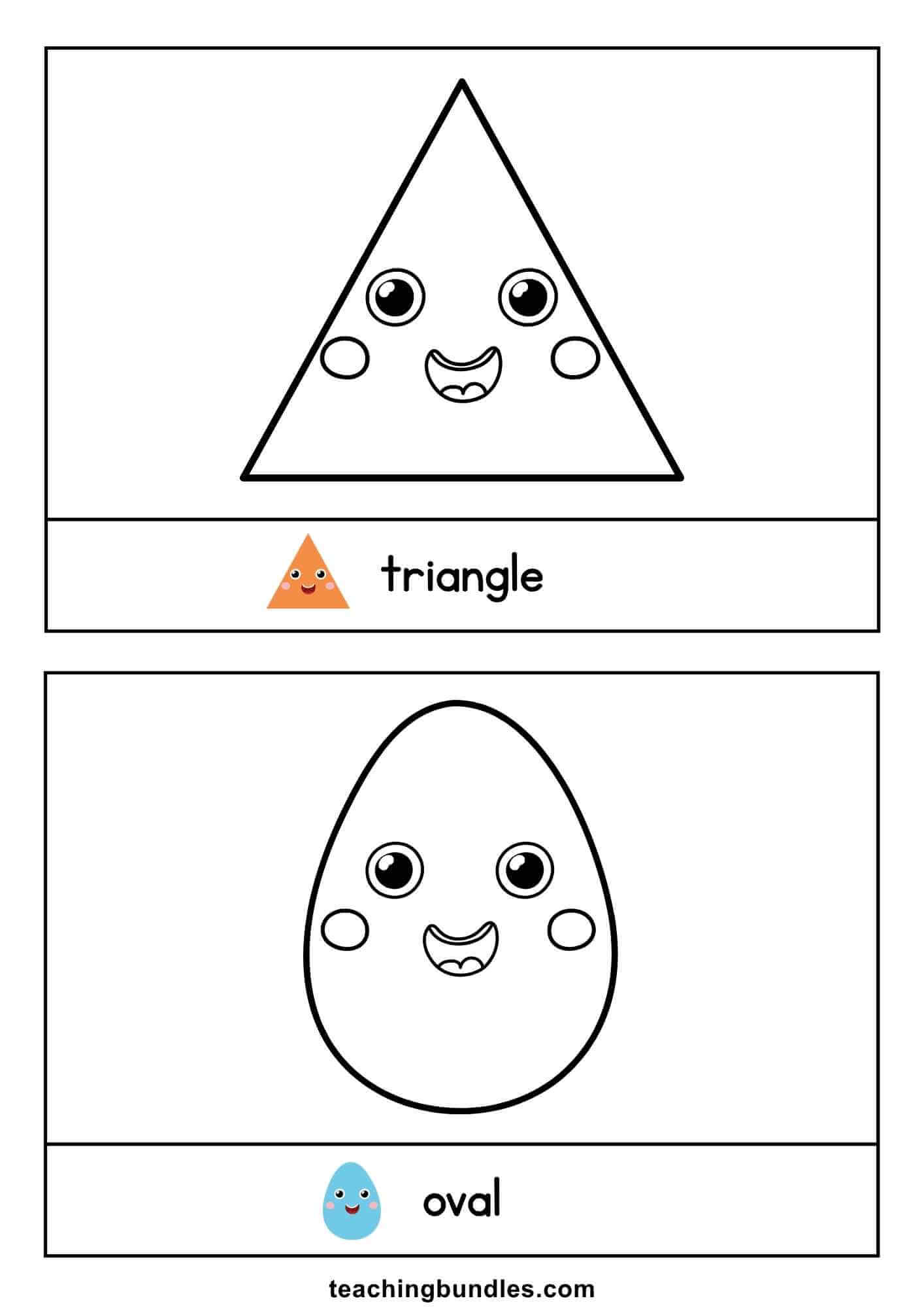 Triangle and oval flashcards that teach shape recognition and vocabulary.