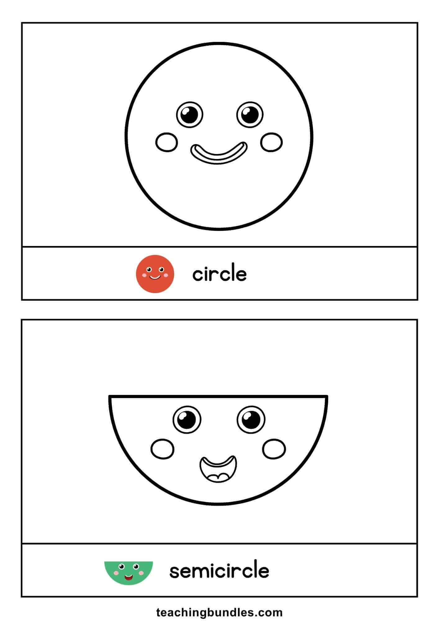 Circle and semicircle flashcards that teach shape recognition and vocabulary.
