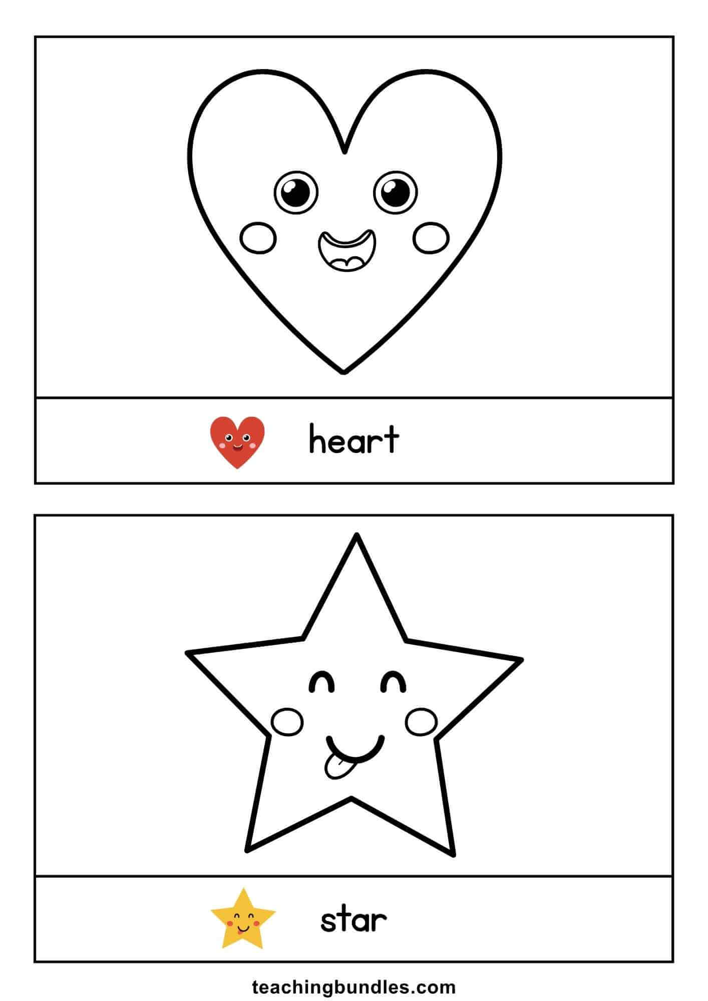 Heart and star flashcards that teach shape recognition and vocabulary.