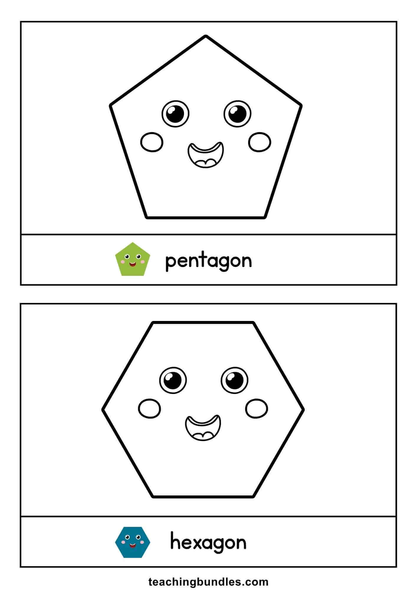 Pentagon and hexagon flashcards that teach shape recognition and vocabulary.