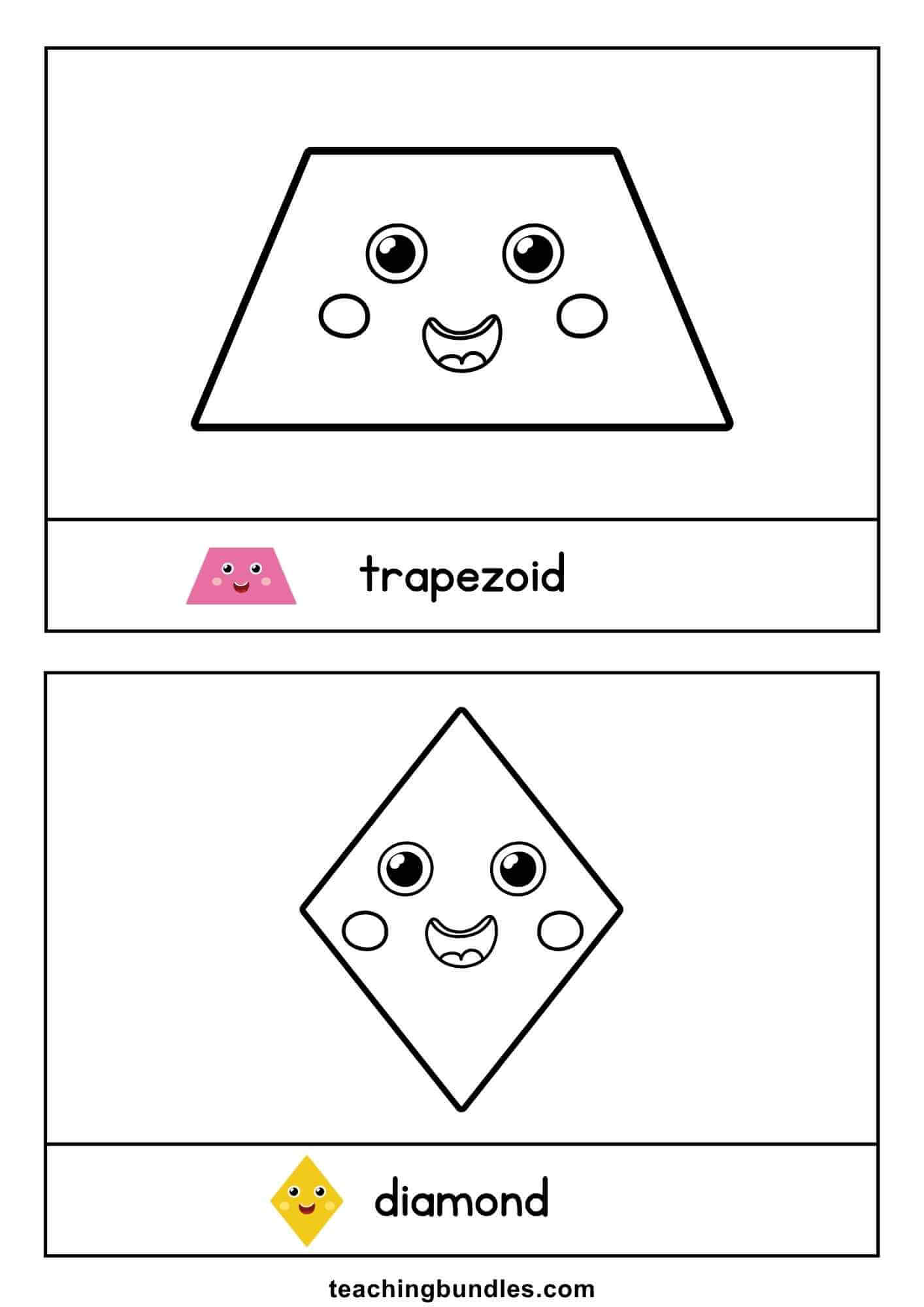 Trapezoid and diamond flashcards that teach shape recognition and vocabulary.