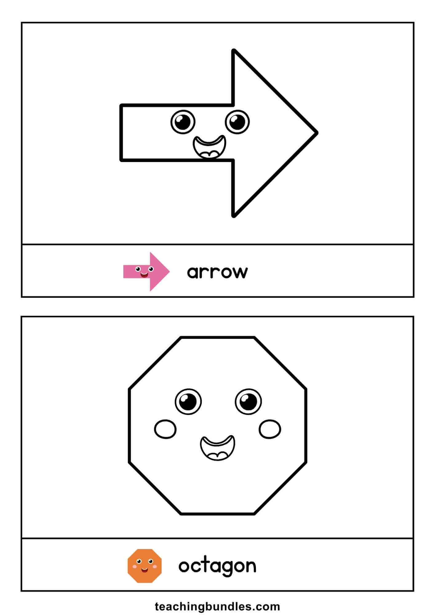 Arrow and octagon flashcards that teach shape recognition and vocabulary.