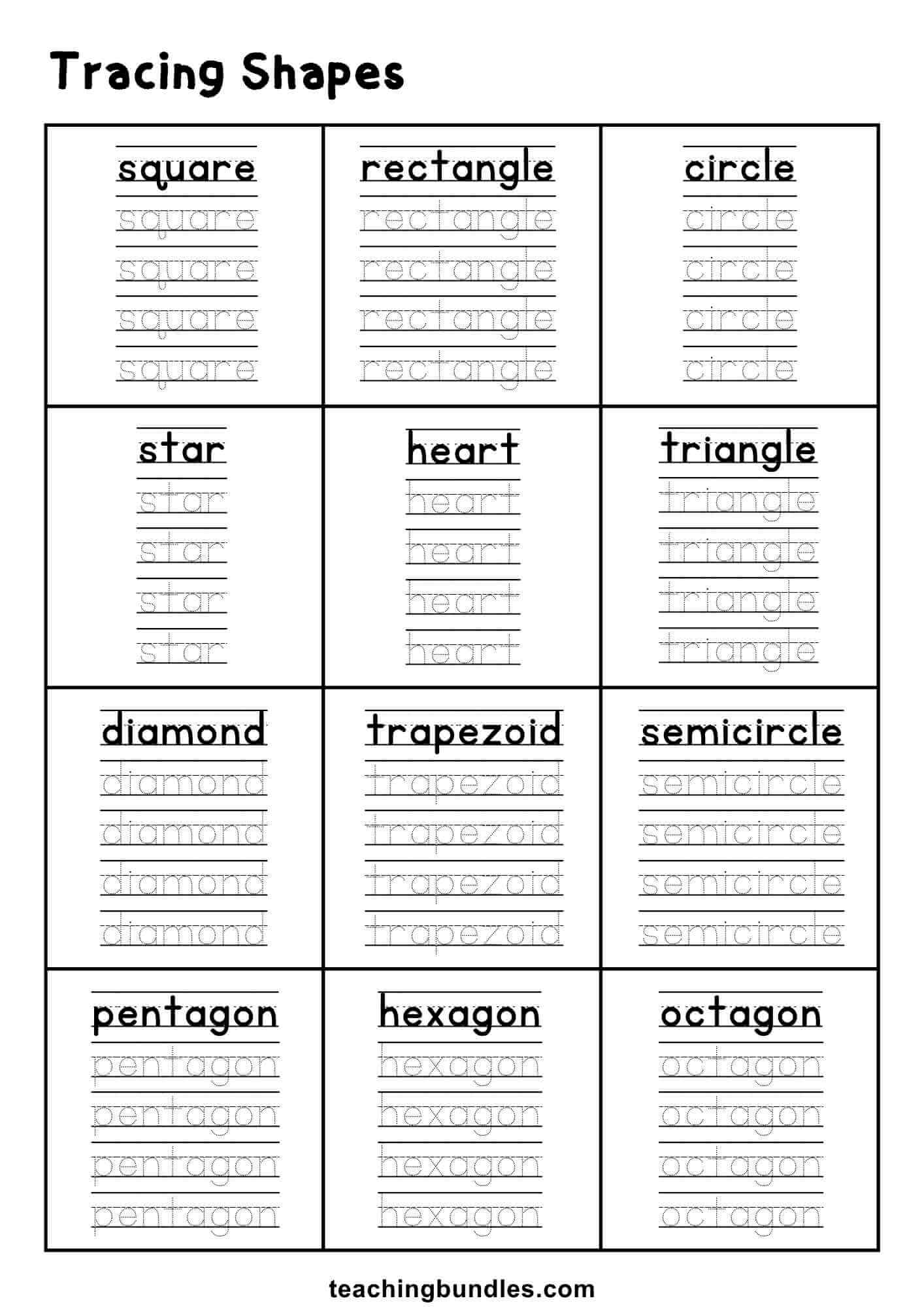 Handwriting practice sheet for tracing shape names.