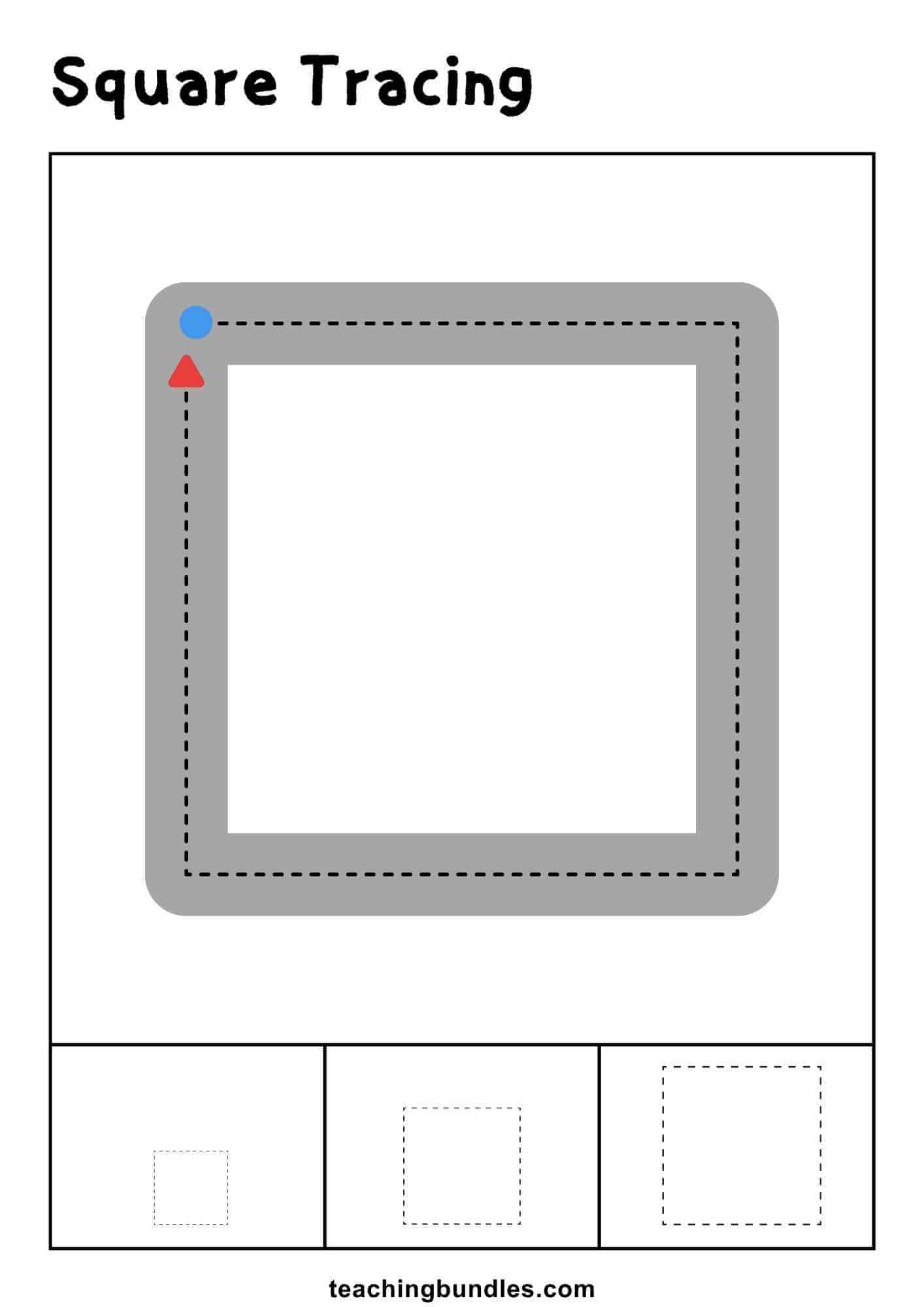 Square tracing worksheet with large and small practice outlines.