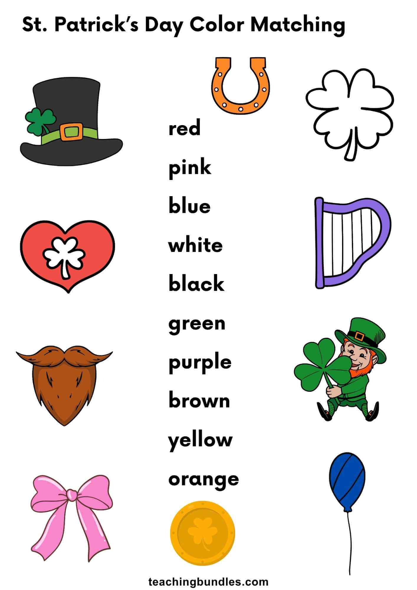 Preschool St. Patrick’s Day color matching worksheet with holiday symbols.