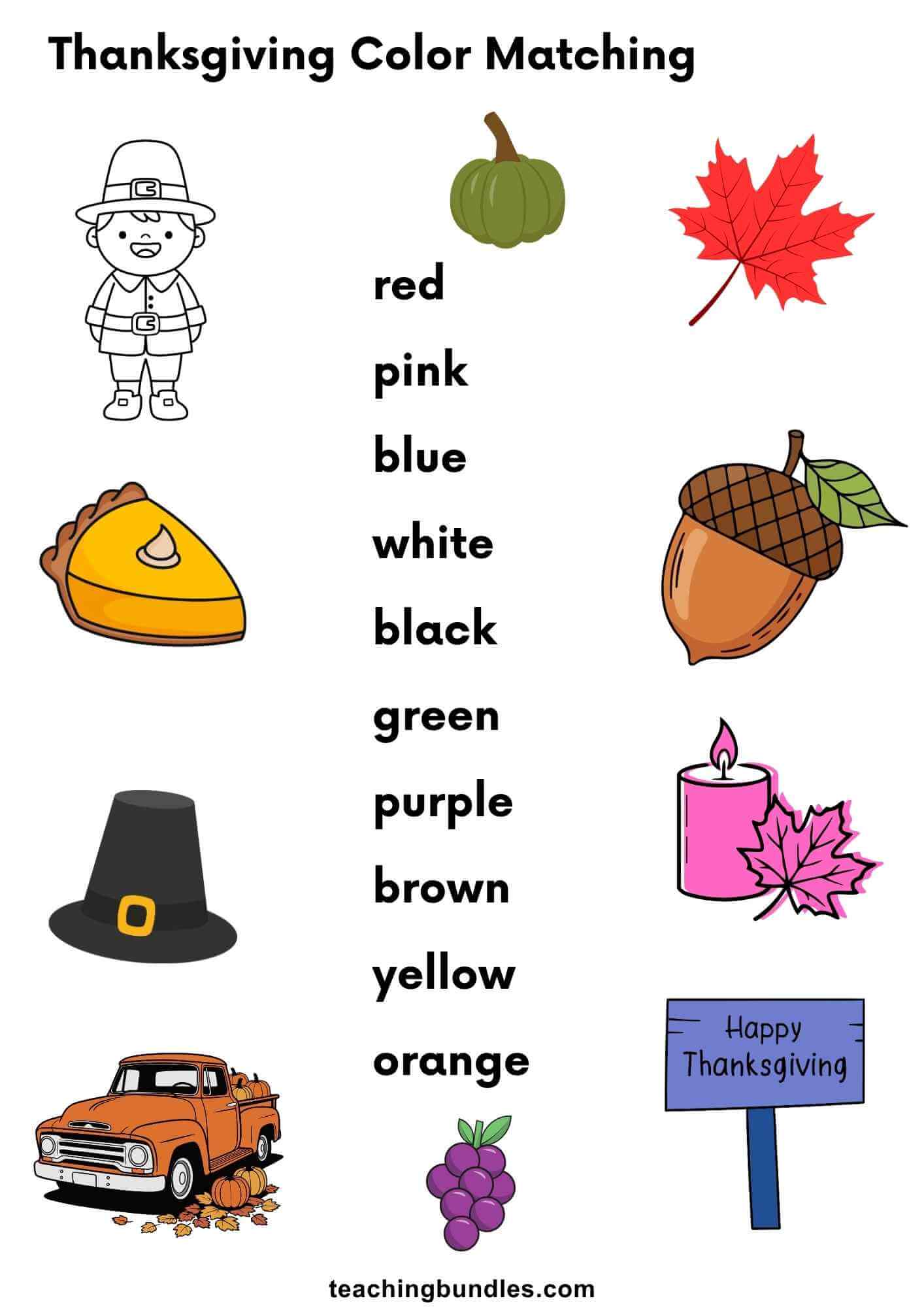 Preschool Thanksgiving color matching worksheet with holiday symbols.