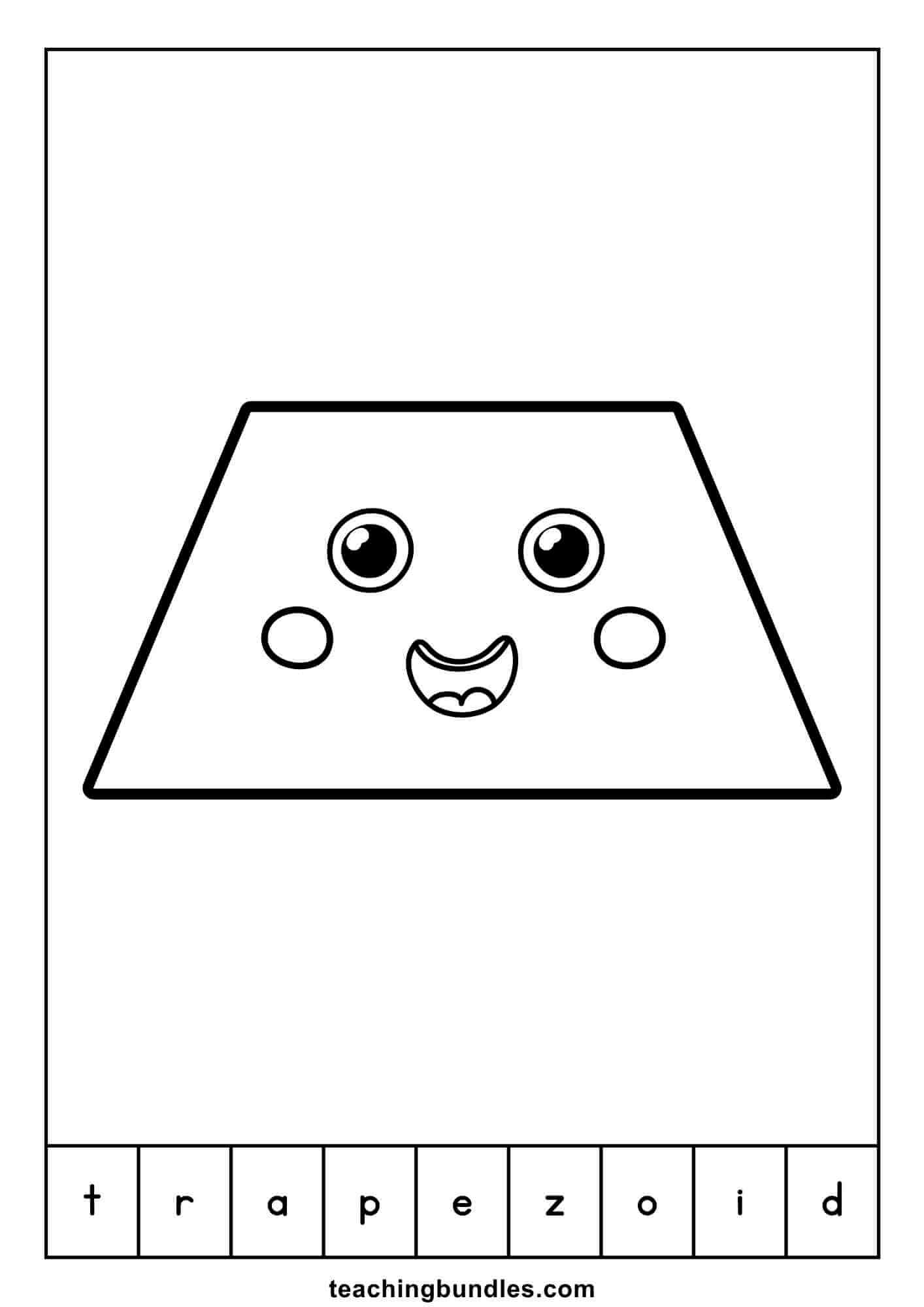 Trapezoid learning flashcard that teaches shape and word recognition.