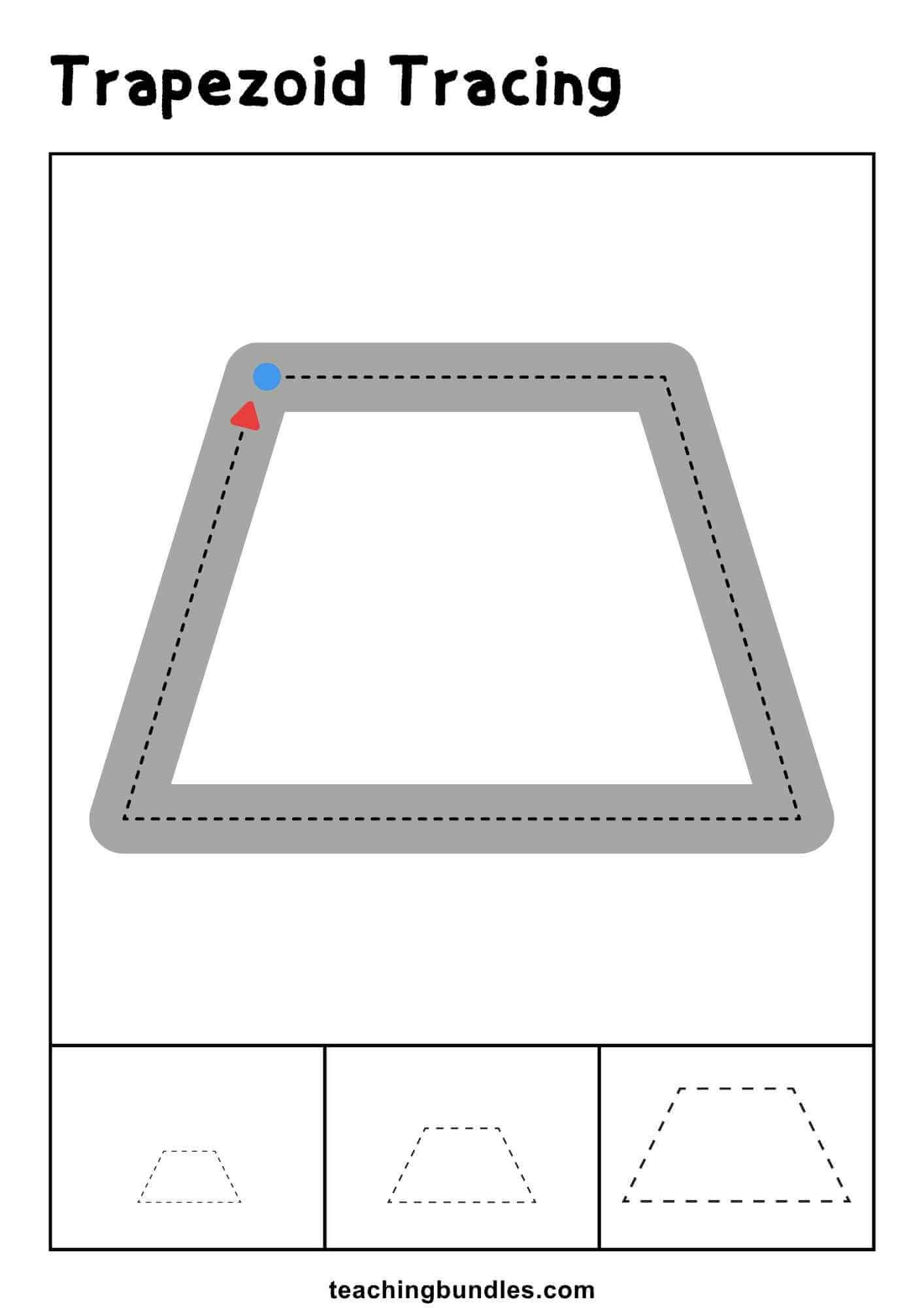 Trapezoid tracing worksheet with large and small practice outlines.
