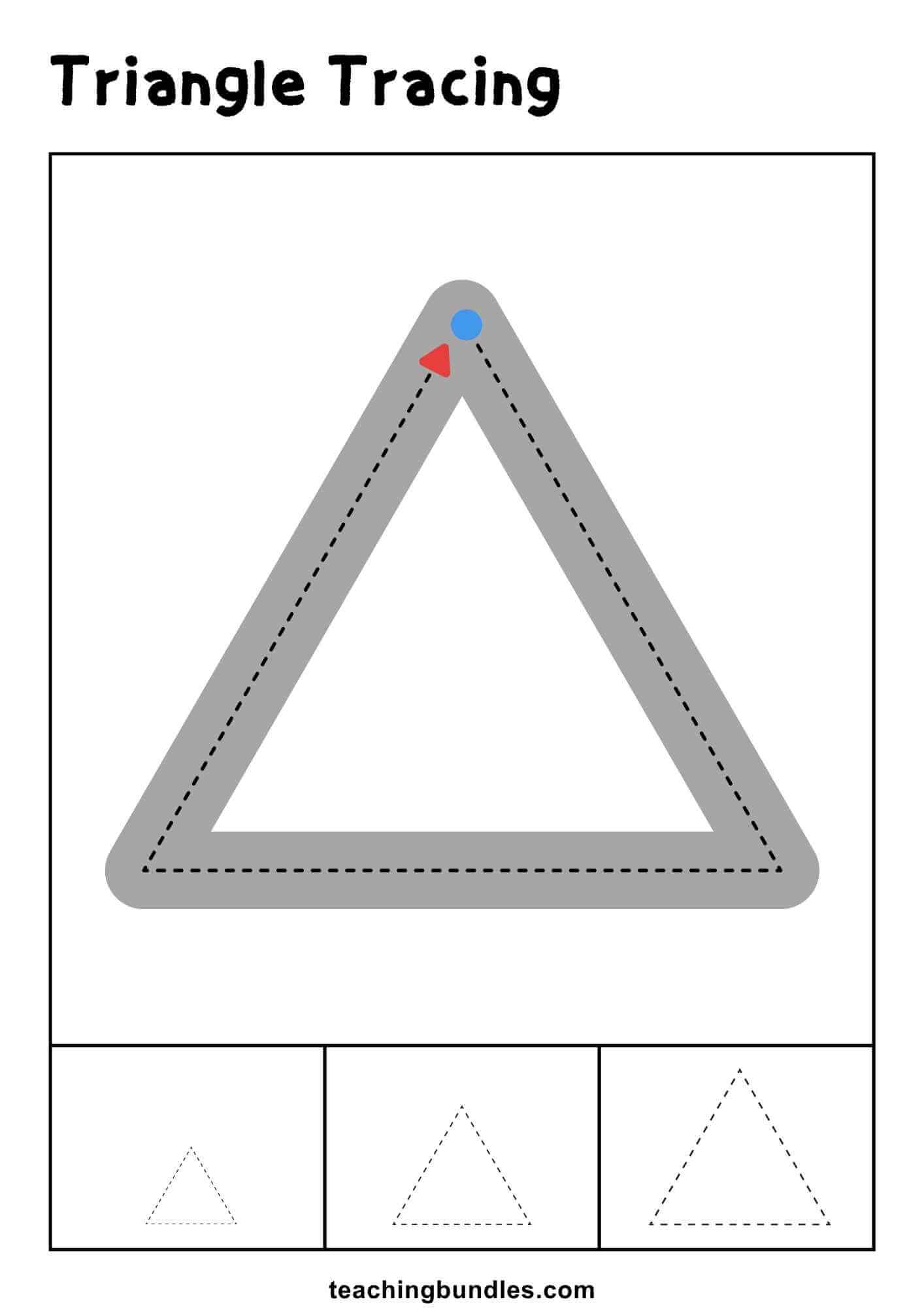 Triangle tracing worksheet with large and small practice outlines.