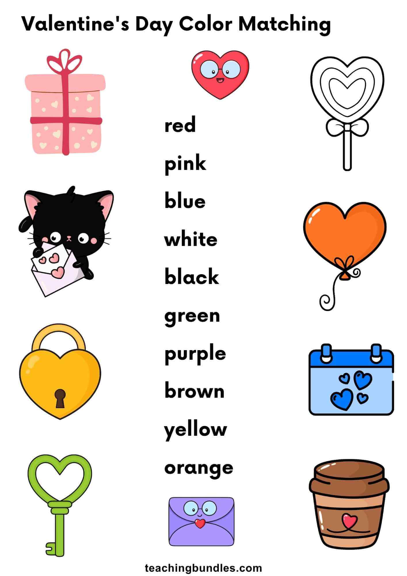 Preschool Valentine’s Day color matching worksheet.