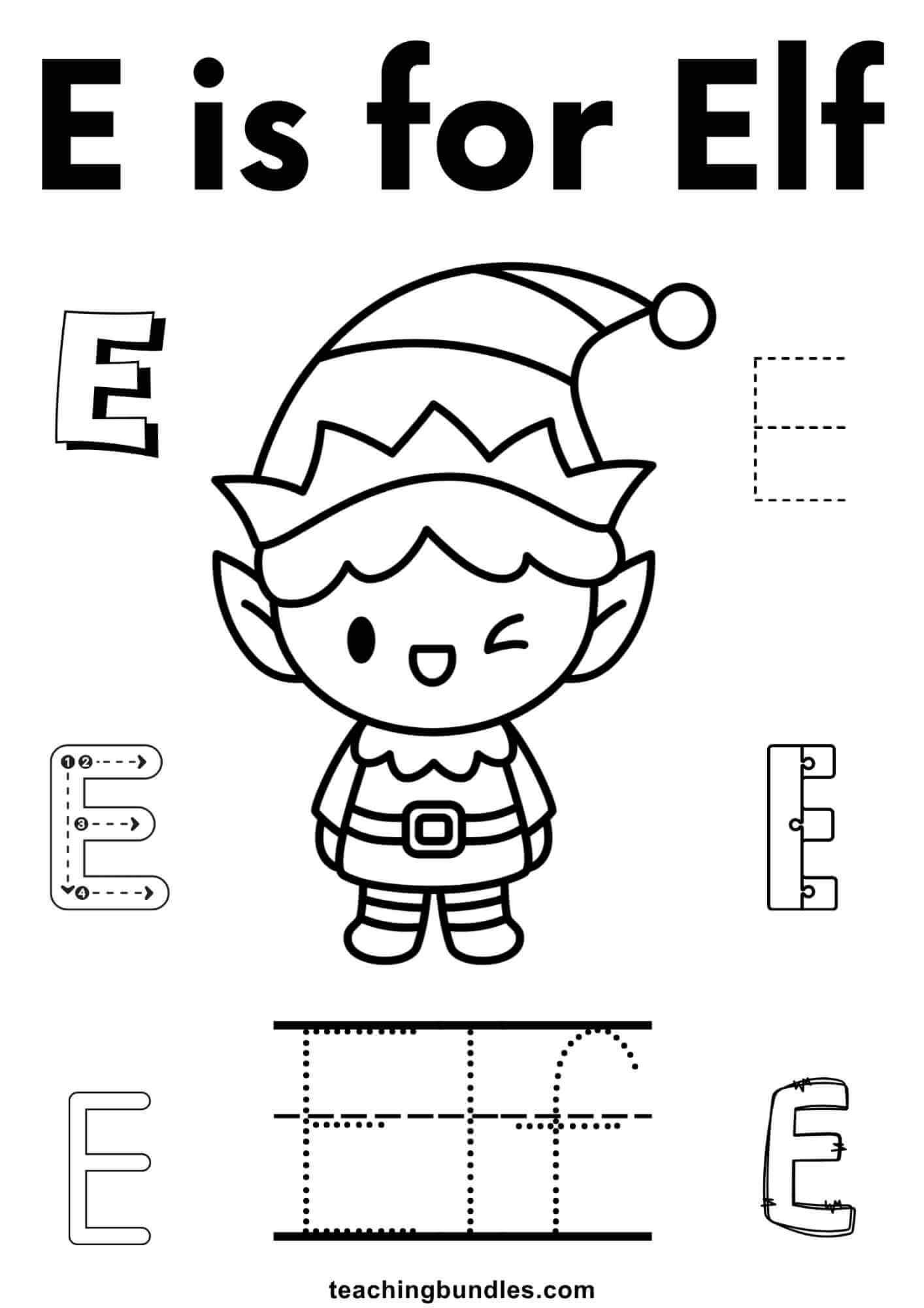 E Is for elf preschool worksheet
