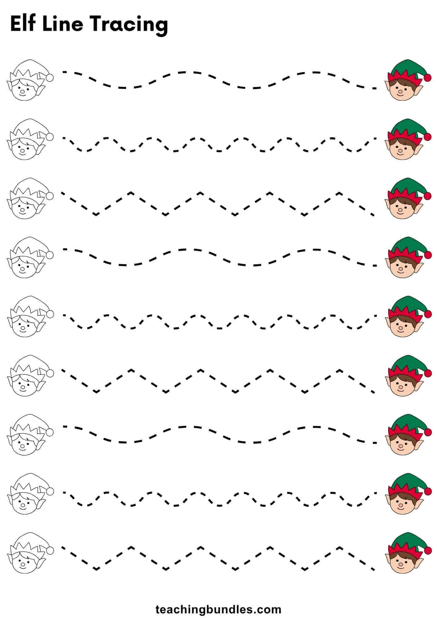 Elf line tracing worksheet printable PDF