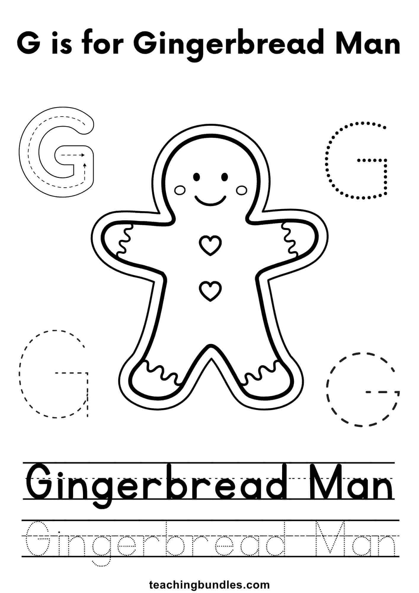 G is for gingerbread man tracing worksheet