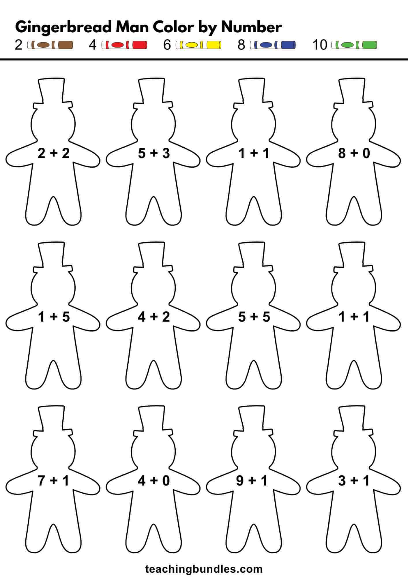 Addition and coloring worksheet with gingerbread figures