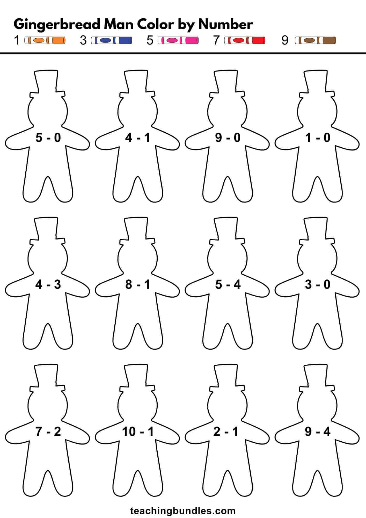 Subtraction and coloring worksheet with gingerbread figures