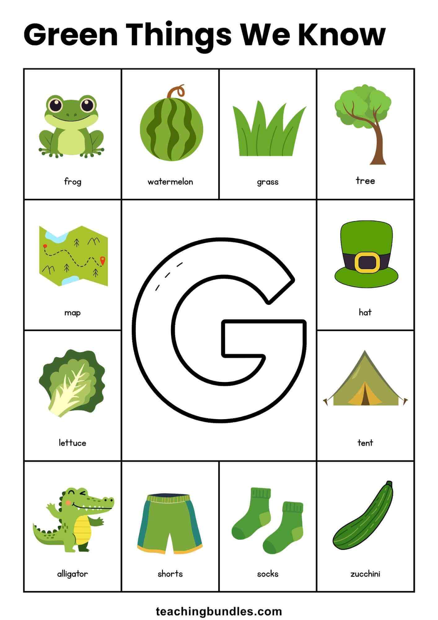 Green objects poster for kids