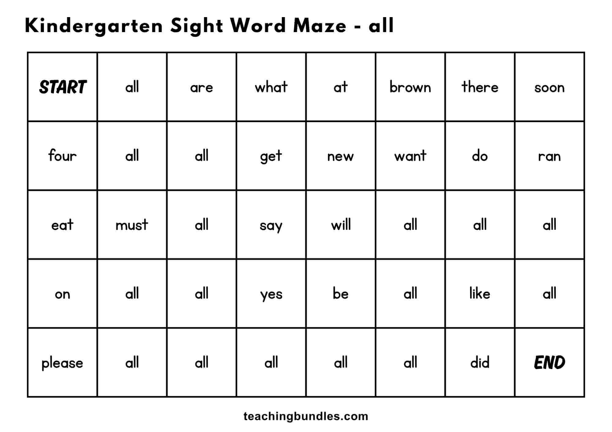 Printable sight word maze with the word all